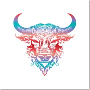 Rainbow colored Bull with horns art illustration Posters and Art